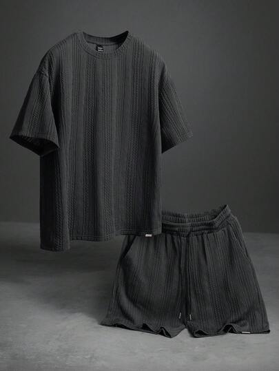 PAVTROS 남성용 여름 캐주얼 솔리드 컬러 텍스처 티셔츠 및 반바지 세트