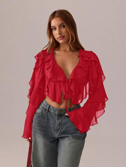 SHEIN SXY Black Top;Fall Women Clothes;Crop Tops;Holiday Costume Party Gathering Black Mesh See-Through Lotus Leaf Strap Deep V Neck Women Sexy Long Sleeve Shirt