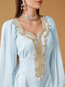SHEIN Najma Đầm thời trang cổ điển lãng mạn tay phồng họa tiết hoa, thắt eo dành cho nữ - Màu xanh nhạt - Xem 5