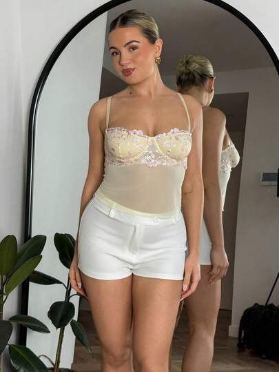 Bethéva Women's Floral Embroidery Cropped Fitted Sexy Camisole Top,Yellow Corset, Embroidered Corset, Elegant Top, Date Top, Going Out Top