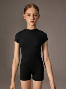 SHEIN Girls' Casual Vacation Black Short Sleeve Jumpsuit, Summer Outfits, Soft & Fashionable Design, Versatile For Sports, Fitness, Outdoor, Campus, Daily Wear - Black - View 3