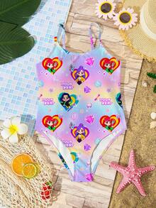 Cartoon Girl , Vibrant Purple, K-Pop Superstars , Tween Girls Camisole One-Piece Swimsuit, Suitable For Summer - Multicolor - View 2