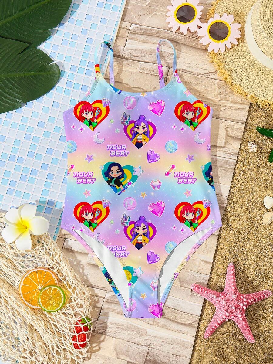 Cartoon Girl Purple Summer Cute Mermaid Beach Holiday K-Pop Superstars Tween Girls Camisole One-Piece Swimsuit,Bathing Suit For Kid Tween One Piece - Multicolor - View 1