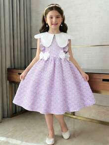 1pc Girls Lavender Fairy Summer Wedding Guest Dress,Textured Fabric Floral Asymmetrical Neckline Waist Big Bow Frill Trim A-Line Countryside Style - Purple - View 6