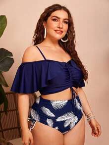 Swim Chiccia Plus Size Women 2pcs Solid Color Spaghetti Strap Off-Shoulder Ruffle Drawstring Bikini Set, Fashionable & Elegant Vacation Casual Swimwear - Blue - View 3