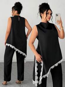 Elenzga Plus Size Women's Sleeveless Shirt With Lace Hem,Elegant Office Summer Long Blouse,Vintage Black And White Filipiana Dress Style Outfit For Events - Black and White - View 2