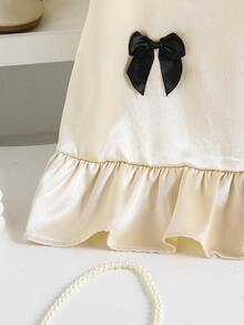 Elladie kids Soft Beige Flower Girl Party Dress For Kids,Summer Charming Young Girls Puff Sleeves Pearlescent Decor Gown With Black Bows,Round Neck Adorable Bride - Apricot - View 5