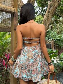 Sunnyshic 女士性感沙滩度假风印花镂空抹胸迷你连衣裙 - 藍色 - 查看 2