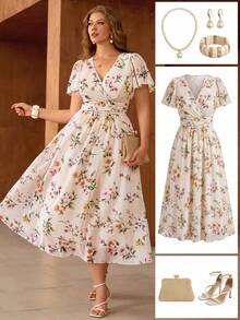 Roveilla 大码梭织数码印花腰部抽绳褶皱交叉领荷叶边袖连衣裙 - 杏色 - 查看 1