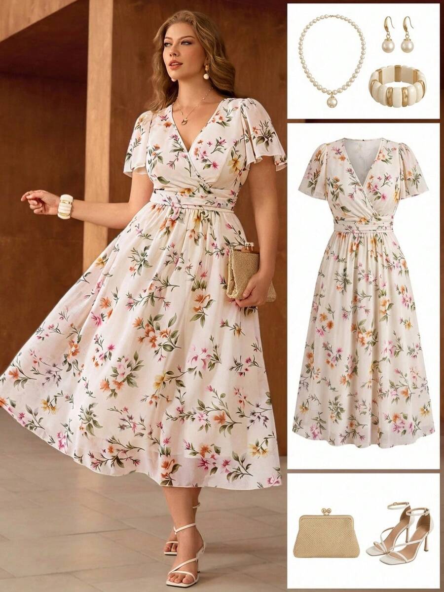 Roveilla 大码梭织数码印花腰部抽绳褶皱交叉领荷叶边袖连衣裙 - 杏色 - 查看 1