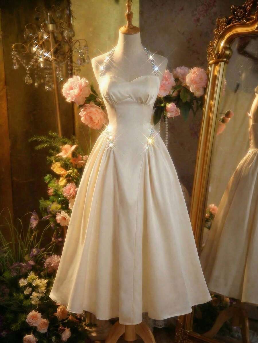 SHEIN MOD 女士优雅别致简约纯色仿珍珠和水钻装饰伞裙摆露背系带长裙，夏季 - 杏色 - 查看 1