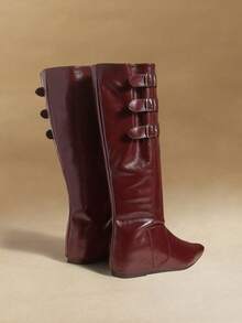 Rosivie 女士搭扣设计PU皮革过膝长靴，时尚百搭，适合日常穿着 - 酒紅色 - 查看 5