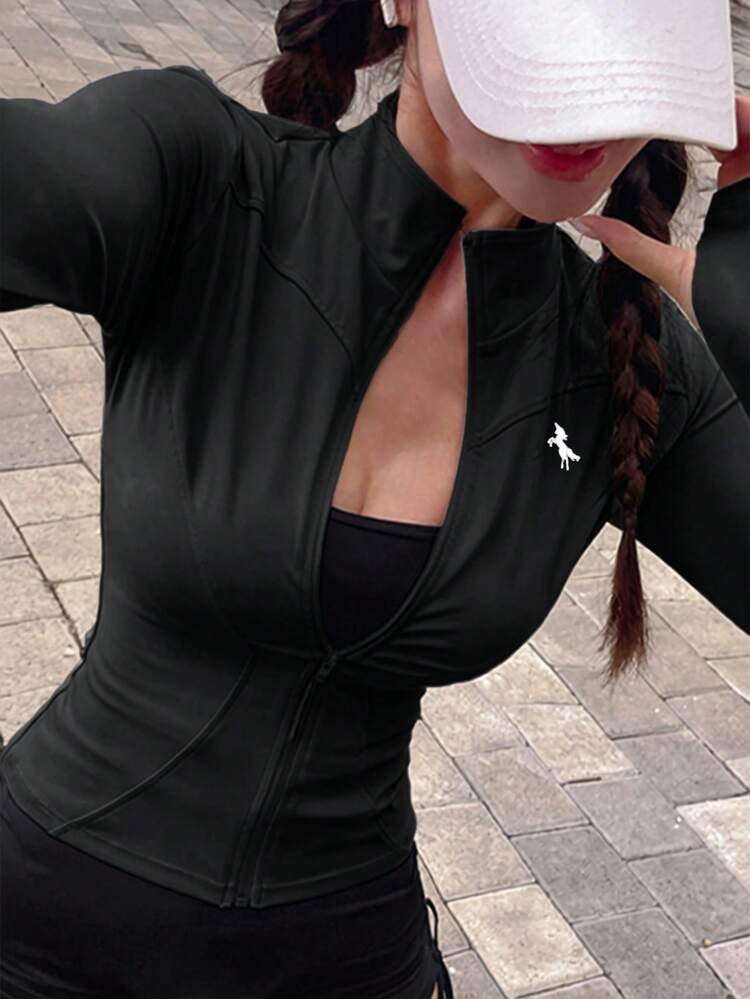 Women's Solid Color Elastic Mock Neck Fitted Long Sleeve Jacket, Casual Sports, Spring/Autumn