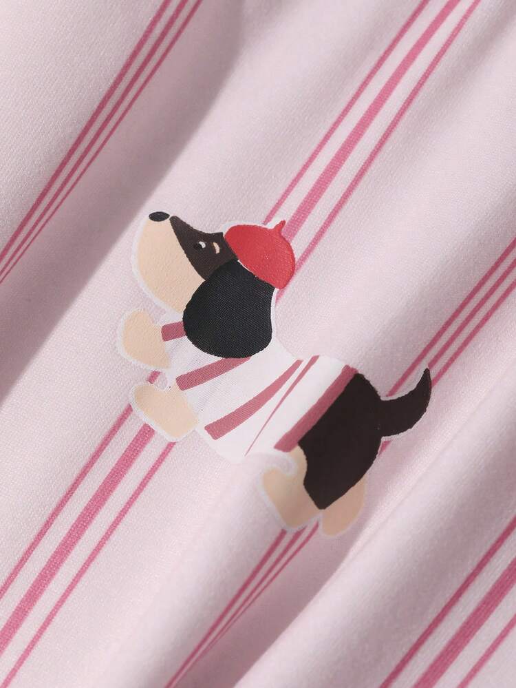 Dazy Plus Plus Size Women Casual Peter Pan Collar Striped Loose Lantern Sleeve Cartoon Dog Print Long Nightgown, Spring & Autumn Sleepwear