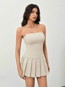 SHEIN Tall Đầm đơn giản không dây vai, màu trơn, xếp ly dành cho nữ, thích hợp cho mùa xuân và mùa hè. - Màu Khaki - Xem 5