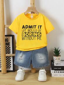 SHEIN Conjunto de 2 peças para menino, composto por camiseta de manga curta e shorts jeans com bordado de urso. Ideal para uso casual, esportes, escola, atividades ao ar livre e verão. - Amarelo - Ver 3