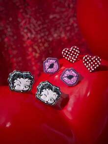 Betty Boop x SHEIN Cross-Border, New Creative Personalized Cartoon Beautiful Woman, Lips, Red Heart Enamel Earrings, IP Joint Design, Light Luxury Niche, Simple And Generous, Suitable For Various Parties, Concerts And Festivals - Multicolor - View 1