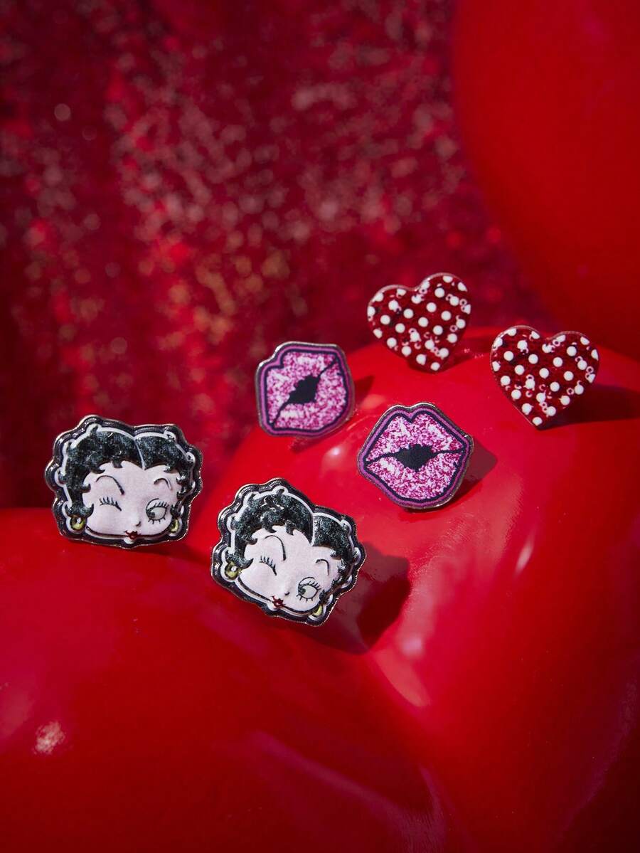 Betty Boop x SHEIN Cross-Border, New Creative Personalized Cartoon Beautiful Woman, Lips, Red Heart Enamel Earrings, IP Joint Design, Light Luxury Niche, Simple And Generous, Suitable For Various Parties, Concerts And Festivals - Multicolor - View 1