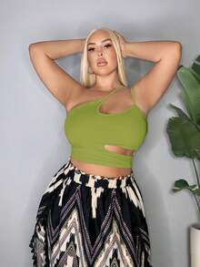 SHEIN SXY 大码性感纯色镂空露脐吊带背心 - 綠色 - 查看 6