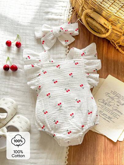 Vintaside Kids 新款夏季女婴棉质绉纱连衣裙，荷叶边下摆，无袖设计，简约休闲的樱桃图案露背三件套。附赠可爱发带。适合居家休闲、学步或购物穿着。