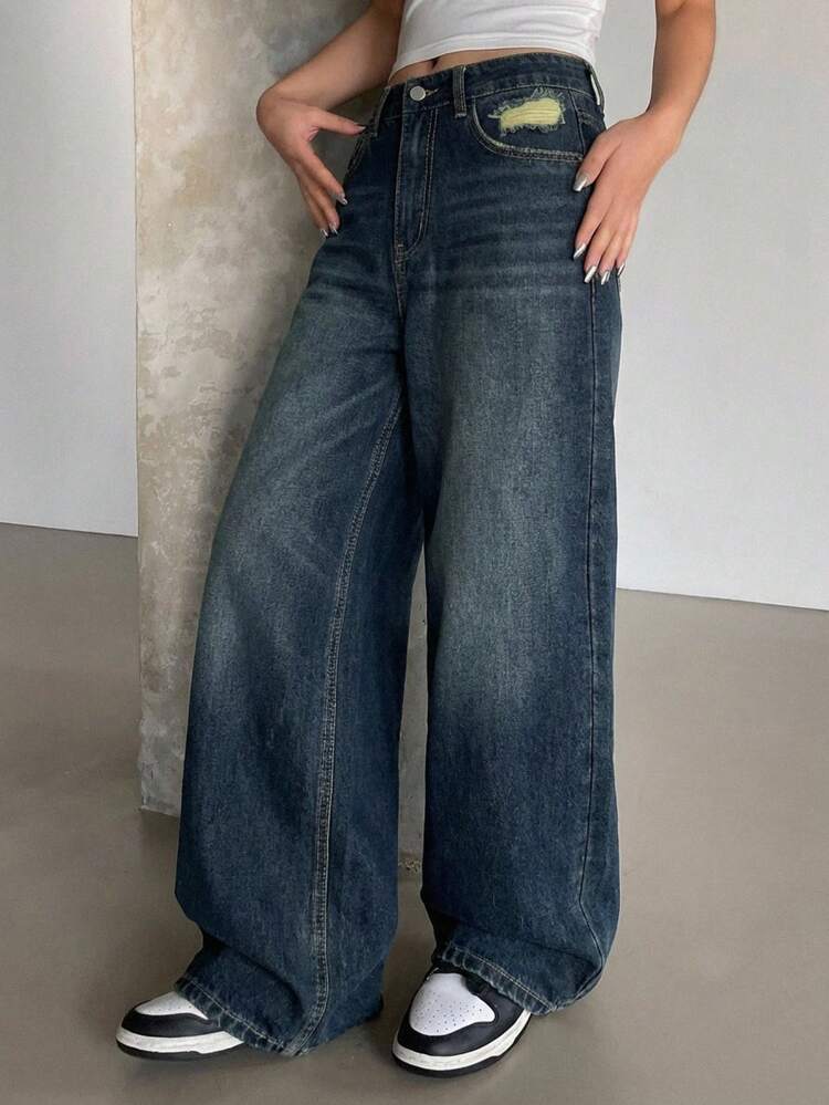 Women's TALL Distressed Decor Loose Straight Leg Jeans, Casual Street Style Pants