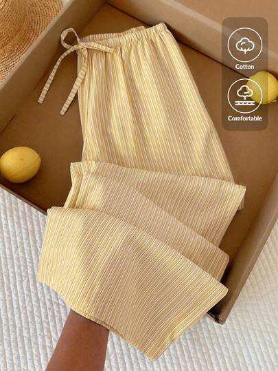 Comfortcana 女士休闲黄色条纹棉质抽绳腰宽松阔腿裤，适合日常通勤和度假穿着，休闲，Y2K风格，春夏，情人节