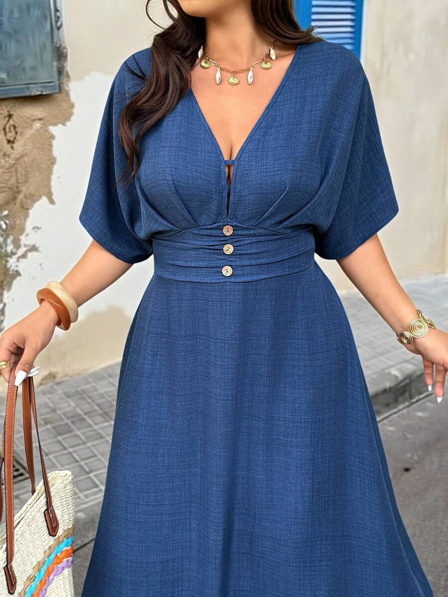 大码V领无袖腰部褶皱复古连衣裙，春夏休闲长款连衣裙，亚麻长款连衣裙，牛仔长款连衣裙，夏季长款连衣裙，大码蓝色长款连衣裙，女士蓝色度假连衣裙，休闲长款连衣裙，蓝色夏季连衣裙，女士大码蓝色连衣裙，夏季连衣裙，曲线牛仔蓝色连衣裙，女士连衣裙，女士夏季连衣裙，女士夏季两件套服装，女士休闲连衣裙，女士度假连衣裙，大码连衣裙，女士休闲连衣裙，法式连衣裙，优雅连衣裙，夏季套装连衣裙 - 藍色 - 查看 1