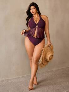 Auralis Plus Size Women Metal Decor Fashionable Halter Tankini Swimsuit Set Summer Outfit For Women Beach Outfits For Women Plus Size Bathing Suits Women Maiôs Feminino Praia Elegante Maiôs Feminino Praia Elegante Praia - Red Violet - View 7