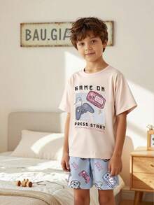 Bộ đồ ngủ ngắn tay và quần đùi in hình hoạt hình máy chơi game dễ thương, thời trang dành cho bé trai. - Màu be - Xem 5