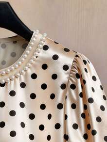 Franclia Women's Elegant Polka Dot Print Beaded Petal Sleeve Blouse, Summer Polkadot Top Puff Sleeve Top Cute Blouses Women's Cute Tops Tops Cute Poka Dots Top Puff Sleeve Blouse Puff Sleeve Top Women - Apricot - View 5