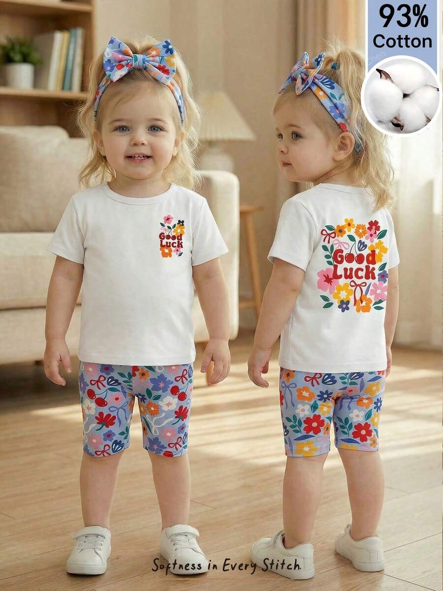 Cozy Pixies Baby Girl Cartoon Floral Print Soft Knit 2-Piece Set,Short Sleeve Round Neck Top & Elastic Waist Shorts,Blue Summer Casual Vacation Clothes Sets - Multicolor - View 1
