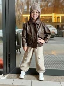 Genkimix Kids 年轻女孩宽松休闲夹克，时尚街头风格仿皮大衣 - 咖啡棕 - 查看 3