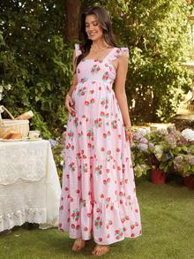 SHEIN Maternity Strawberry Print Ruffle Hem Cap Sleeve Dress - Pink - View 4