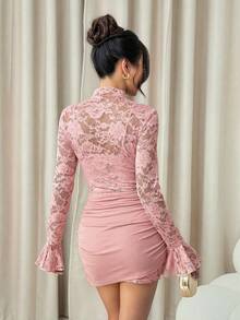 SHEIN PETITE 酒红色性感透视蕾丝迷你连衣裙，适合日常约会、夜间外出、夜店、派对、聚会、鸡尾酒会、泳池派对以及秋冬季穿着。 - 粉色 - 查看 2