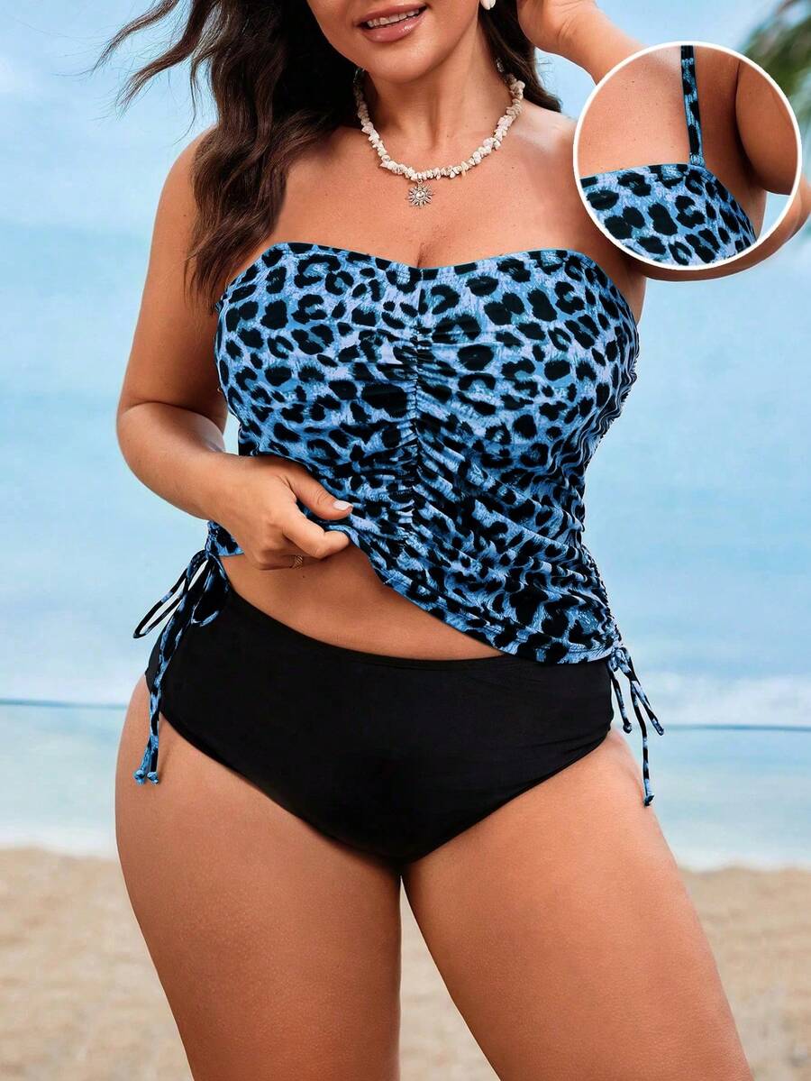 Swim Lushoire 大码女式两件套豹纹吊带泳衣，遮住小肚子，适合海滩度假 - 彩色 - 查看 1