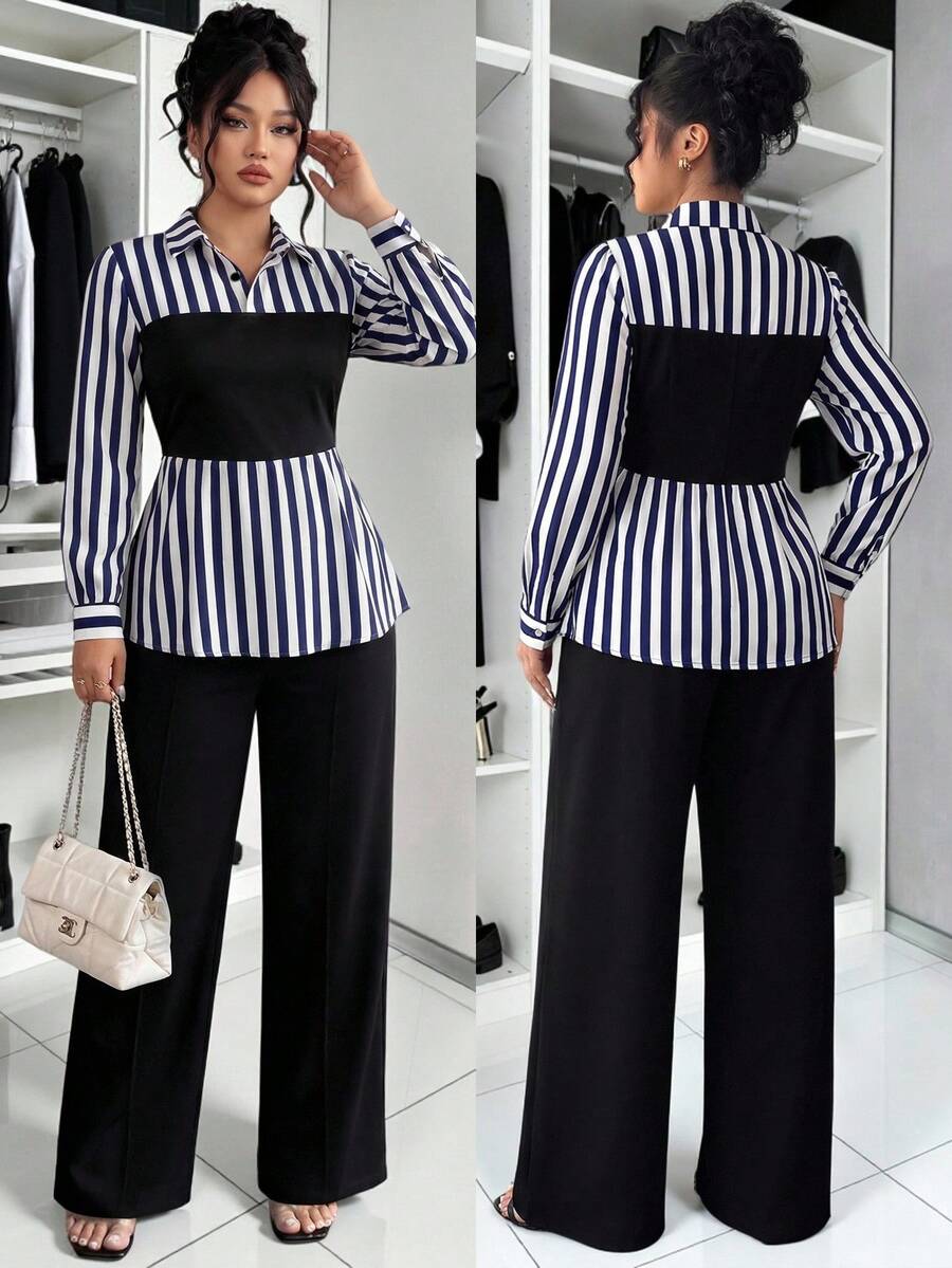 SHEIN Clasi 大码优雅通勤印花长袖衬衫和纯色长裤两件套 - 寶藍色 - 查看 1