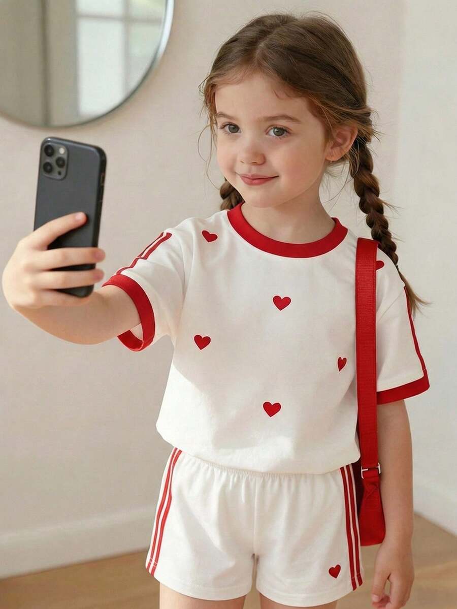 SHEIN Playful Pals 2件套,适合4-7岁女童,运动/可爱休闲风,红白撞色+爱心刺绣印花短袖T恤+短裤,轻薄面料,适合日常穿着、上学、休闲,春夏秋季皆宜。 - 彩色 - 查看 1