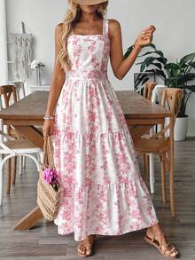 Breezaya 女士蓝白印花收腰休闲度假通勤吊带裙 - 粉色 - 查看 3