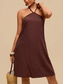 Levarali Vestido de mujer marrón de verano estilo bohemio para vacaciones y días festivos con decoración de cuentas, cuello halter, espalda descubierta, talla grande, casual, estilo occidental chic - Marrón - Ver 6