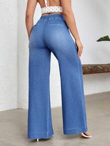 Flexra 女士弹力腰双口袋阔腿宽松休闲牛仔裤 - 藍色 - 查看 2