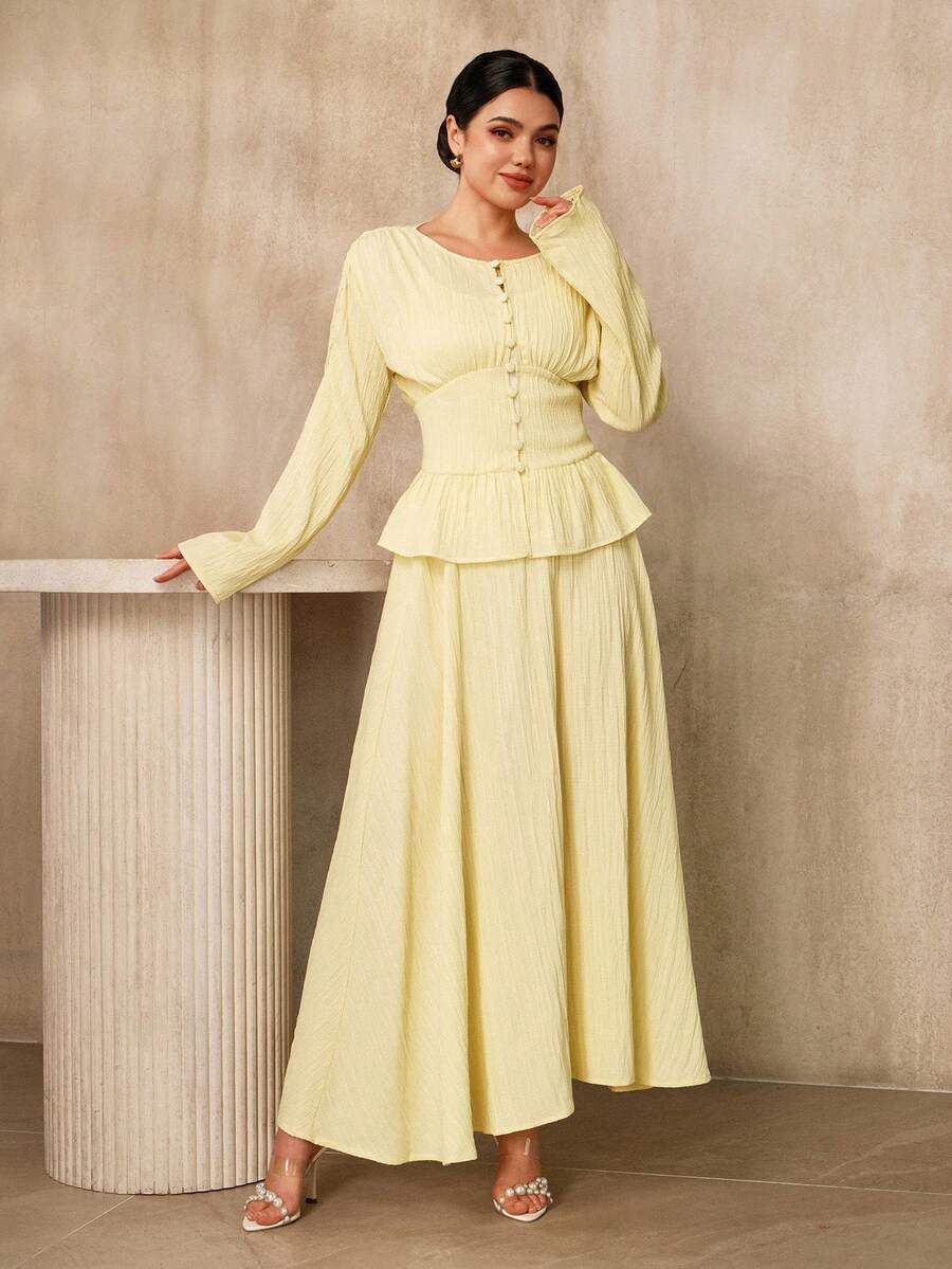 Graceveil Bộ đồ nữ gồm áo và chân váy màu trơn cài cúc, viền bèo nhún, kiểu dáng kín đáo, trang phục thanh lịch cho nữ, bộ đồ hai mảnh cho nữ, váy nữ, đầm cổ điển cho nữ, bộ đồ nữ, đầm dự tiệc, đầm nữ, trang phục mùa đông thanh lịch cổ điển cho nữ, bộ chân váy. - Màu vàng - Xem 1