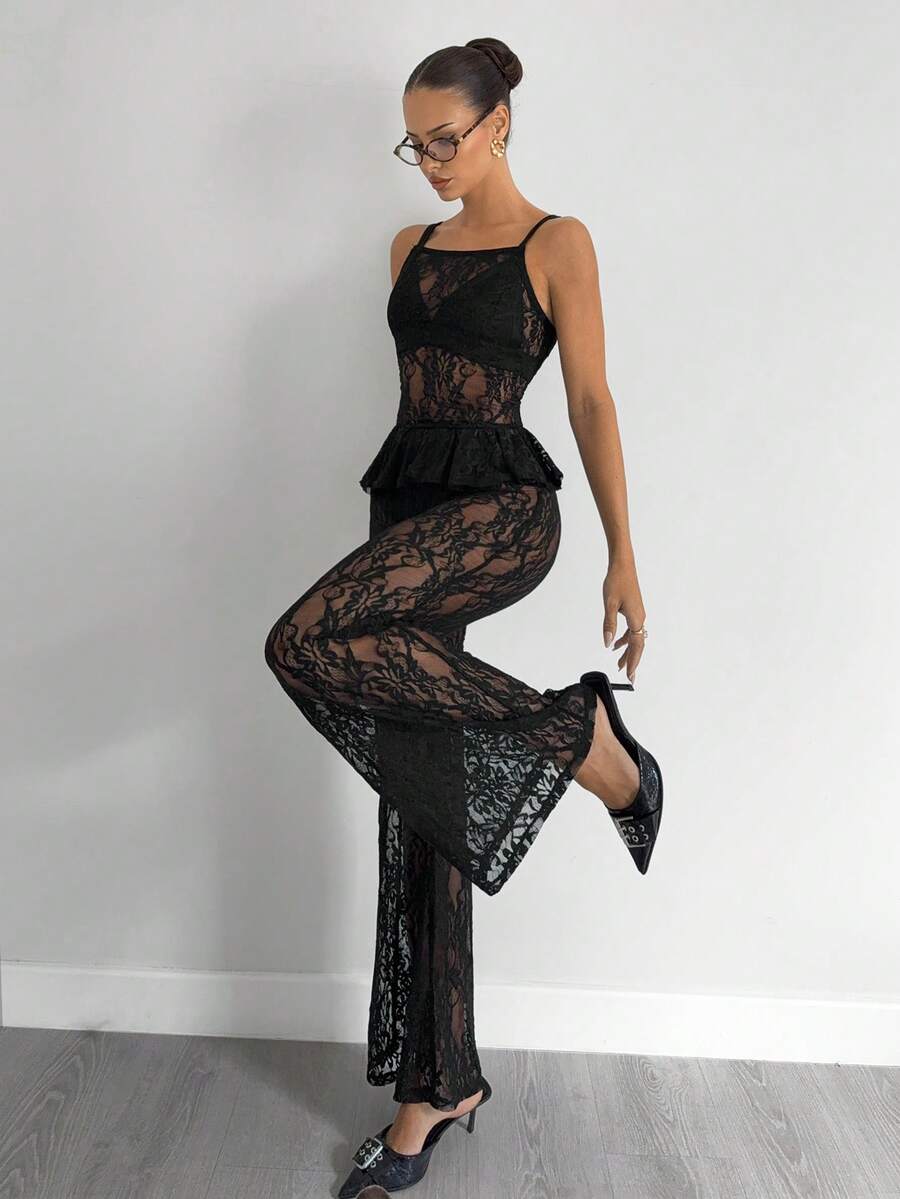 Siren Gaze Women's Contrast Lace Ruffle Hem Camisole And Pants 2 Pieces Set - Black - View 1