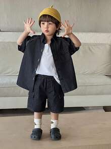 DAZY 男童夏季休闲时尚街头通勤翻盖口袋衬衫和宽松牛仔短裤套装 - 黑色 - 查看 7