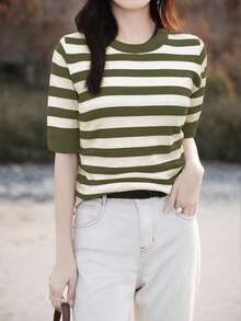 EMERY ROSE 女士条纹短袖休闲针织上衣 - 軍綠色 - 查看 5