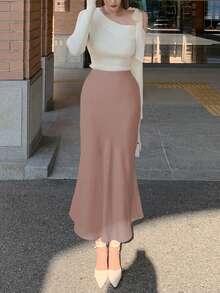 DAZY Women's Fitted Solid Color Satin Skirt, Spring/Summer - Dusty Pink - View 7