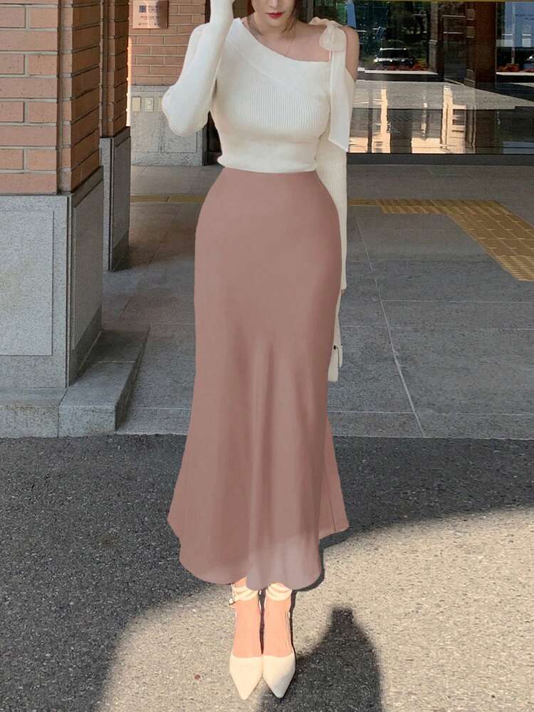 Women's Fitted Solid Color Satin Skirt, Spring/Summer