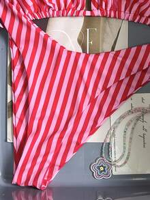 Swim Mod Women's Tropical Cute Striped Print Halter Tie Bikini Two Pieces Bikini Set Set, Casual Beach Party - Multicolor - View 4