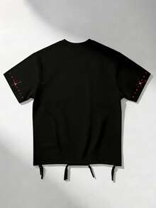 ROMWE MEN 2026 Nueva camiseta de verano estampada, camiseta de manga corta casual con adornos de strass de moda, camiseta unisex para parejas - Negro - View 2