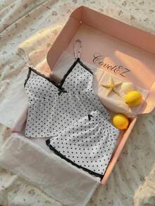CovetEZ 女士休闲褶皱荷叶边蕾丝边两件套，女士春夏休闲吊带背心，春夏上衣，黑白波点撞色蕾丝吊带背心，圣诞上衣，波点上衣，甜美波点上衣，黑白波点蕾丝拼接吊带背心（春季款），波点上衣，波点两件套，女士套装，两件套女士夏季服装，两件套可爱女士服装，两件套女士度假服装套装，女士夏季套装，两件套女士休闲上衣 - 彩色 - 查看 7