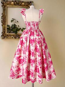 DreamSkyne Plus Size Women's Fashionable Spring/Summer French Romantic Retro Elegant Floral Print Dress Gym Brown - Pink - View 2